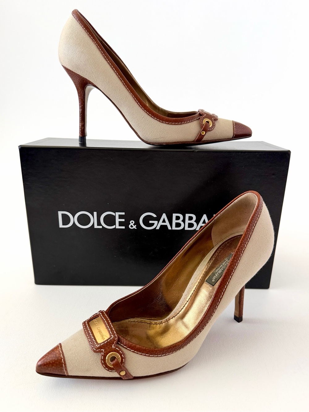 DOLCE & GABBANA | Vintage Canvas Leather Pointed Toe Pumps Heels EU 36.5